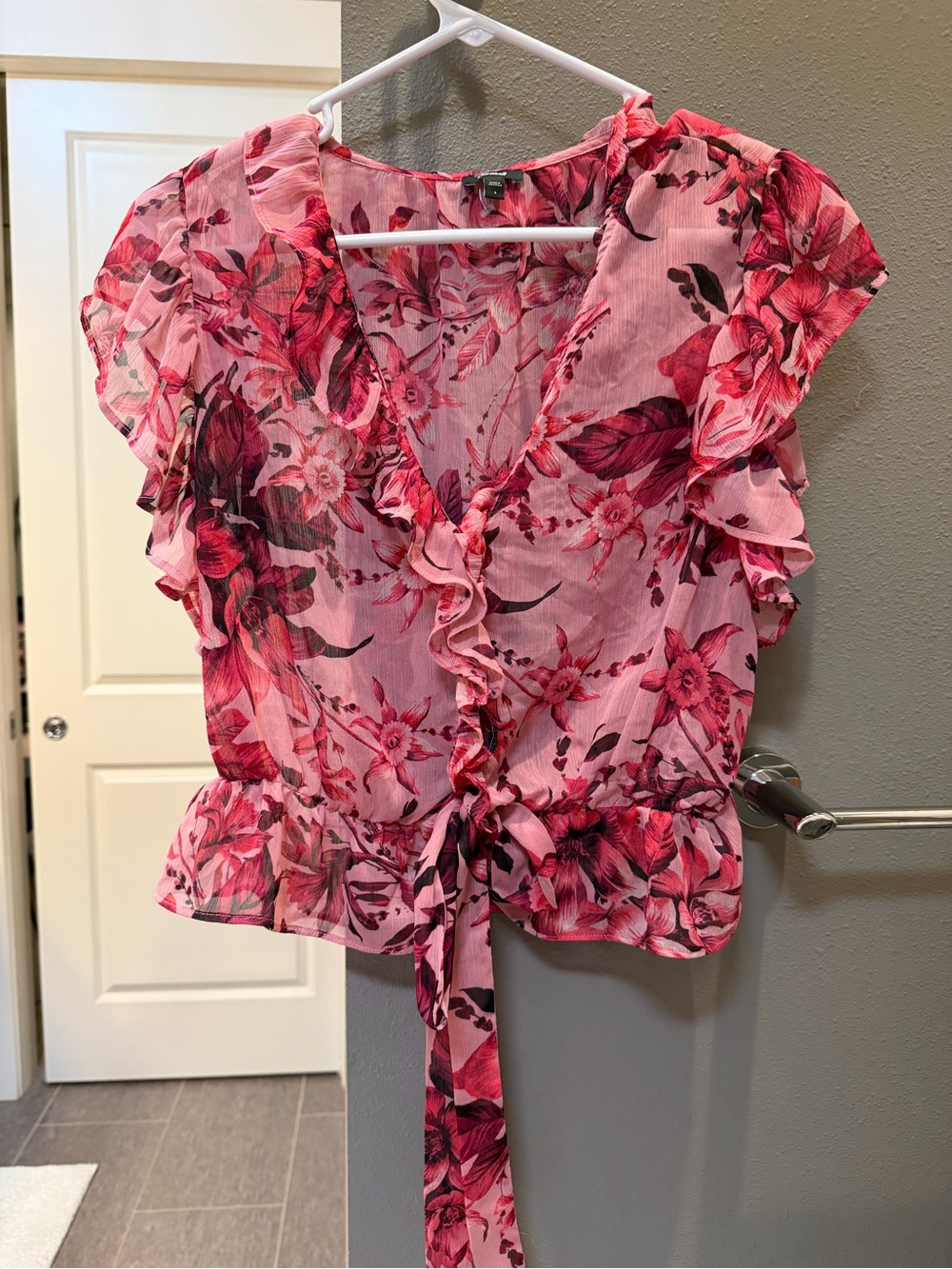 Express Pink Floral Ruffle Wrap Blouse
